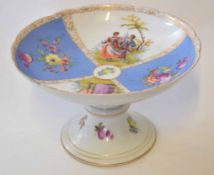 Dresden style tazza decorated with alternating panels of a lady and gentleman with floral design