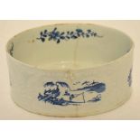 Lowestoft oval shaped potting pan, circa 1765, the moulded body decorated with blue and white scenes
