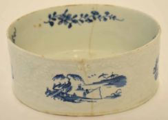 Lowestoft oval shaped potting pan, circa 1765, the moulded body decorated with blue and white scenes