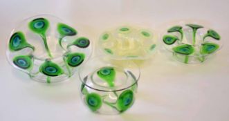 Group of glass bowls or spittoons all with a green mushroom type Art Nouveau design in Loetz