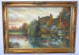C Wilder, signed modern oil, Cottage with lady in a punt on a river, 60 x 90cm