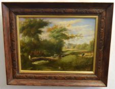 Unsigned oil on canvas, River scene with herder and cattle, 29 x 39cms