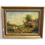 A G V, initialled oil on canvas, Farmstead with figure, dogs, horse and sheep, 33 x 45cms