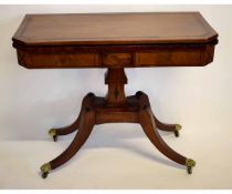 Regency walnut and rosewood banded fold-over card table with green baize lined interior, with a