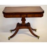 Regency walnut and rosewood banded fold-over card table with green baize lined interior, with a