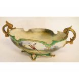 Green ribbed fruit bowl with applied flowers, 18cms diam