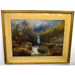 Edgar E West, signed watercolour, Norwegian waterfall, 54 x 75cms