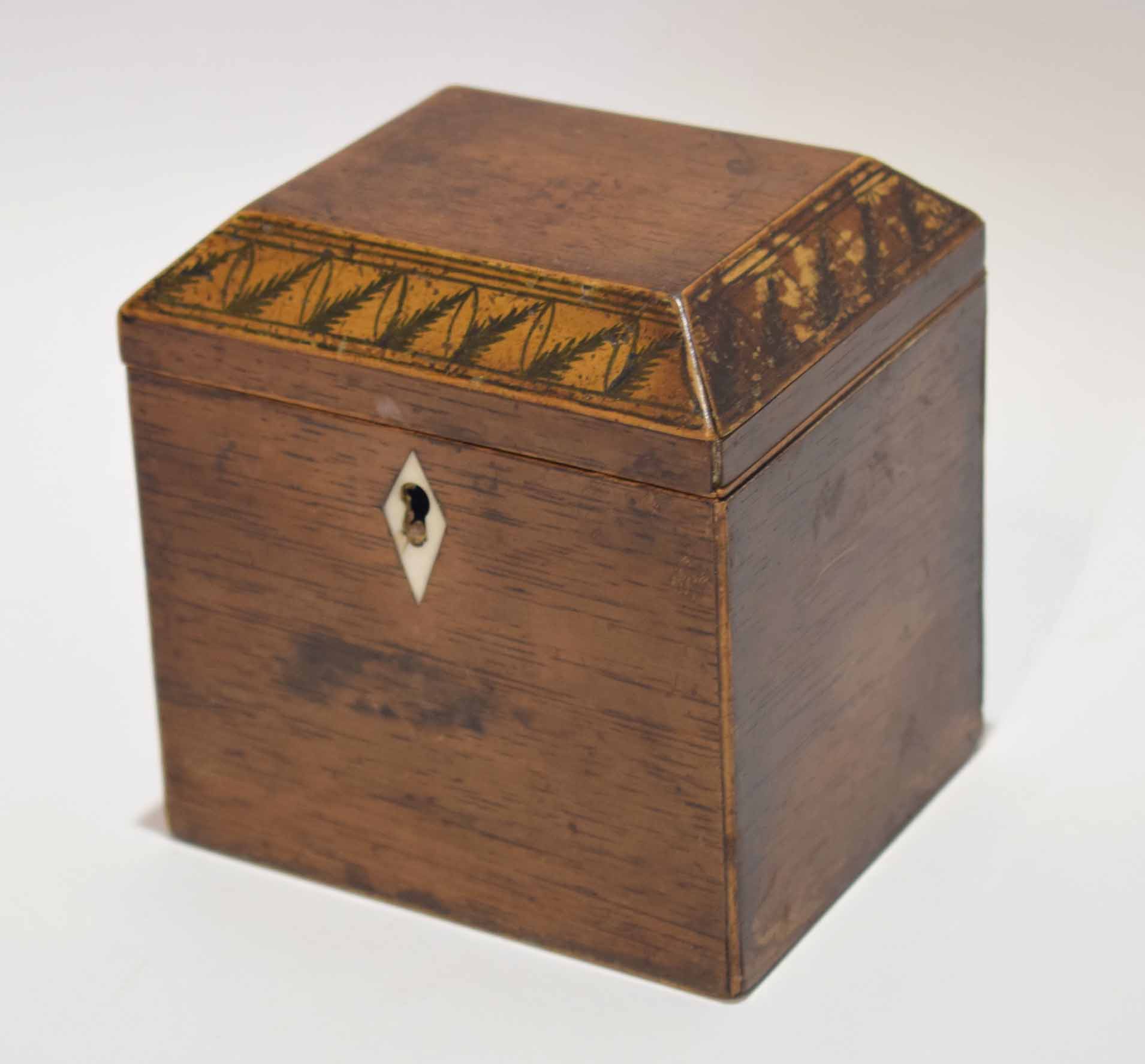 Early 19th century mahogany and boxwood line inlaid tea caddy of rectangular form, the hinged