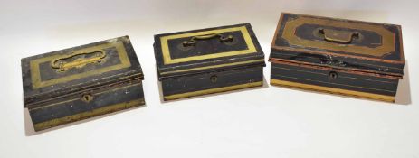 Mixed Lot: three various early 20th century painted cash boxes, each of hinged rectangular form with