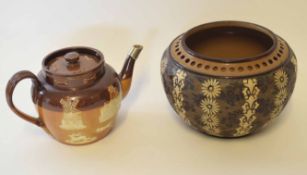 Royal Doulton harvest ware tea pot, the spout with silver metal rim together with a Doulton