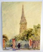 Robert Alexander, signed watercolour, Street scene with figure before a church, 27 x 20cms, unframed