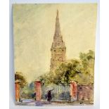 Robert Alexander, signed watercolour, Street scene with figure before a church, 27 x 20cms, unframed