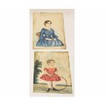 19th century English School, two watercolours, Naive studies of young girl holding a hoop and a