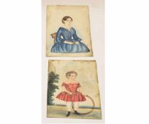19th century English School, two watercolours, Naive studies of young girl holding a hoop and a