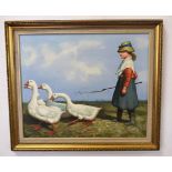 P Brano, signed modern oil, Young girl with geese, 50 x 60cm