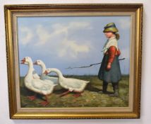 P Brano, signed modern oil, Young girl with geese, 50 x 60cm