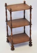 Small mahogany whatnot, the uprights with acorn finials, three shelves and raised on circular