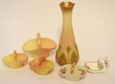 Group of Worcester blush wares including a vase, four miniature baskets and a coal scuttle, the coal