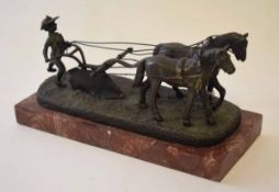 Modern patinated and cast brass model of a two-horse ploughing team on an oval naturalistic base