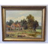 19th century English School oil on canvas, Country landscape with figures and cottages, 27 x 34cm