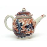 Lowestoft tea pot, circa 1780, of typical form, the blue printed tall trees design further decorated