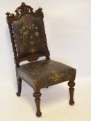 Victorian dark oak prie-dieu type chair, japanned back and seat