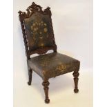 Victorian dark oak prie-dieu type chair, japanned back and seat