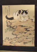 An Oriental scroll containing a watercolour of a cat, signed by artist 340-60