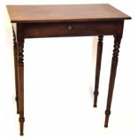 Early 19th century mahogany side table, full width frieze drawer raised on ring turned supports,
