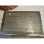 Brass Memorial wall plaque of rectangular form with engraved field detailed in red and black "In