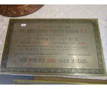 Brass Memorial wall plaque of rectangular form with engraved field detailed in red and black "In