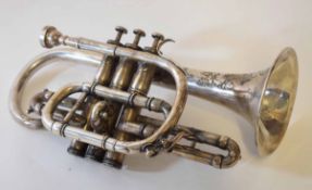 20th century silvered trumpet, J Higham Ltd - Manchester of typical three-valve form and further