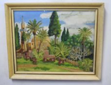 Olive Kibble, signed and dated 1956, oil on board, Mediterranean landscape with goats, 39 x 49cm