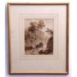 Attributed to George Jessup, sepia watercolour, Figure and dog on stick bridge over a rocky river,