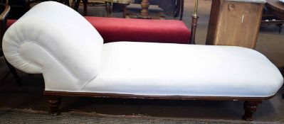 Victorian chaise longue upholstered in calico (feet shortened), 190cm long