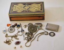 Mixed Lot: pine jewellery box and contents comprising assorted brooches, pendants, cigarette case,