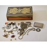 Mixed Lot: pine jewellery box and contents comprising assorted brooches, pendants, cigarette case,