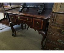 18th century style oak and satinwood banded lowboy fitted with three drawers with brass droplet