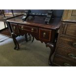 18th century style oak and satinwood banded lowboy fitted with three drawers with brass droplet