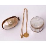 Mixed Lot: gilt, brass and freshwater pearl mounted canister of oval form with hinged body and