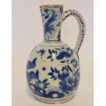 18th century Delft wine jug or ewer, probably Dutch, decorated in underglaze blue, with birds and