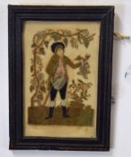 Two 19th century silk and wool works, depicting a young boy amongst foliage and a vase of flowers,