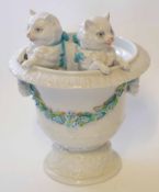 Rudolstadt Campana style urn with floral garland, two inset cats, turquoise ribbons and painted