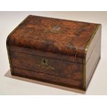 Late 19th century burr walnut and brass inlaid dressing chest, the hinged and domed cover to a