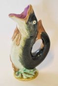 Ewer modelled as a fish in majolica glazes, 25cm high