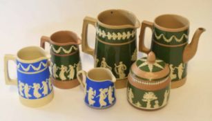 Group of jugs including Copeland Spode examples with a sprigged design in green and blue