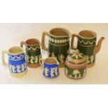 Group of jugs including Copeland Spode examples with a sprigged design in green and blue