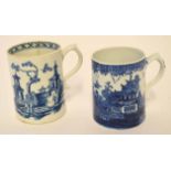 Pair of Lowestoft small mugs, one with a printed design of temple, the other with a pagoda and man