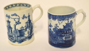 Pair of Lowestoft small mugs, one with a printed design of temple, the other with a pagoda and man