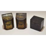 Mixed Lot: pair of fall front and gilt highlighted tin tea canisters, each with serpentine fronts,